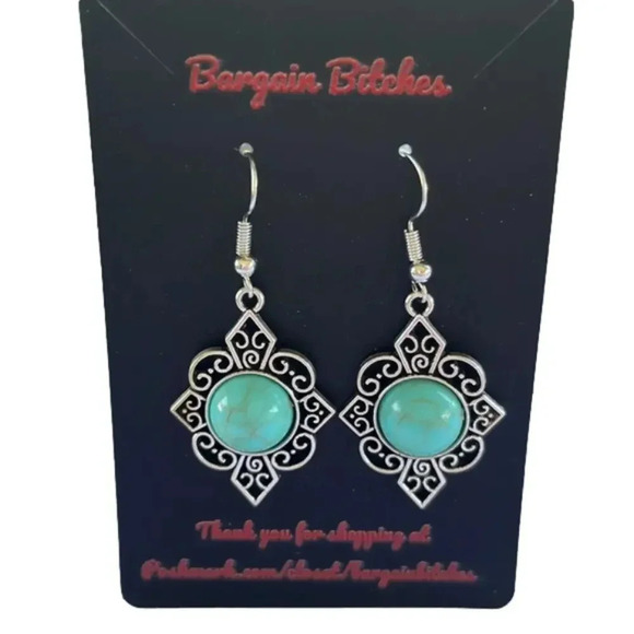 New silver tone geometric turquoise antique finish drop earrings boho - Picture 1 of 3